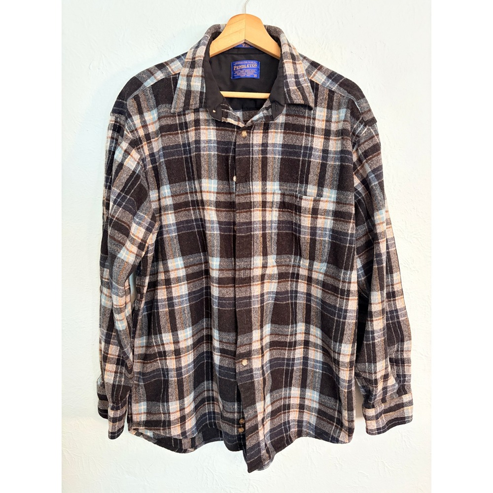 Pendleton Wool Shirt XL Black Blue Plaid Elbow Patch Vintage 90s Outdoor Cabin